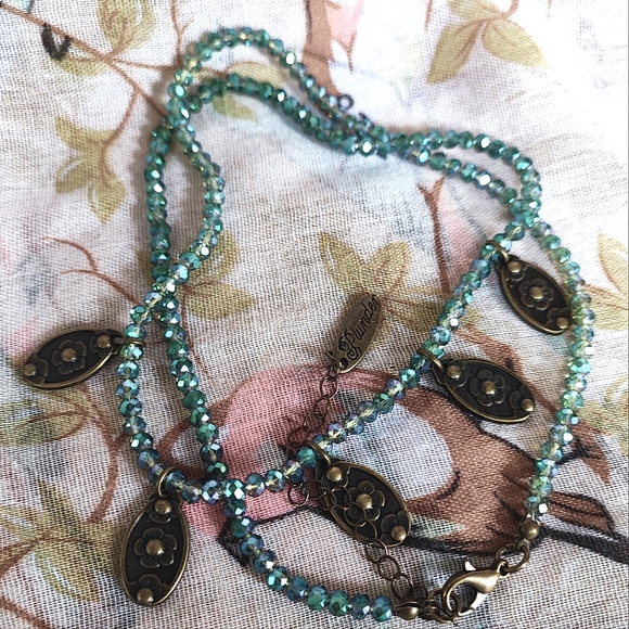 Plunder Brand Faceted Glass Green  Aurora Borealis Beads Brass Necklace - Picture 12 of 16